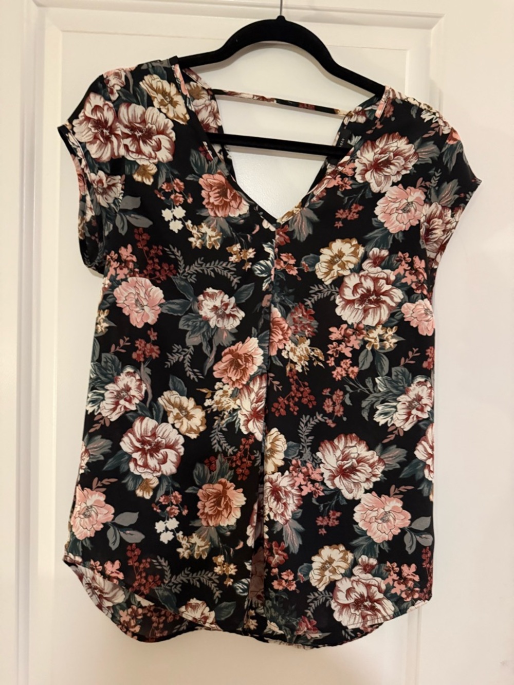 Halogen Black Floral V-Neck Blouse with Pink and Cream Flowers